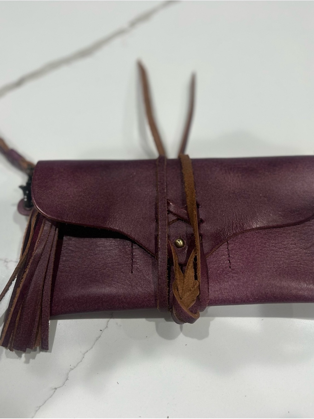 Free People Plum Leather Wrap wallet wristlet with Suede Tie